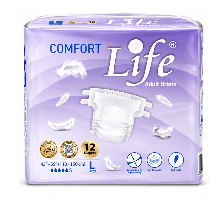حفاضات Life Comfort للكبار مقاس Large (L)، خصر 110–150 سم – 12 حفاضة