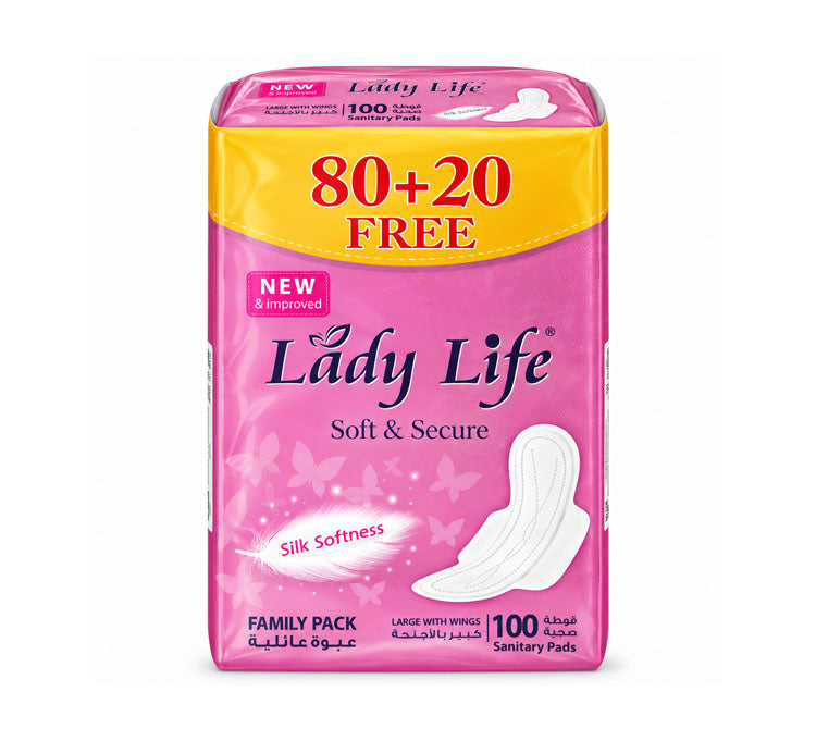 Lady Life Large Sanitary Pads with Wings – 100 Pads Family Pack
