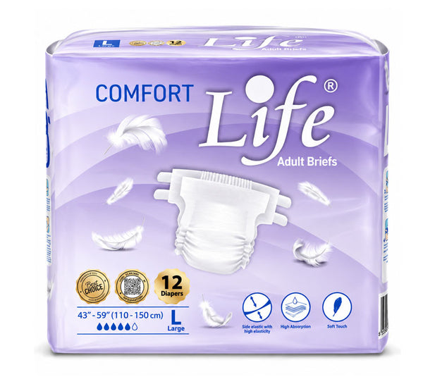 حفاضات Life Comfort للكبار مقاس Large (L)، خصر 110–150 سم – 12 حفاضة